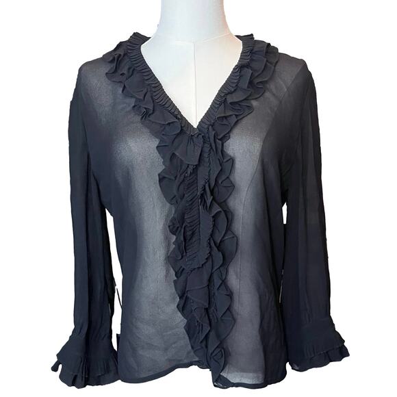 DKNY 100% Silk Sheer Black Ruffle Blouse Size 4 Y2K 90s Whimsygoth Rachel green - Picture 2 of 10